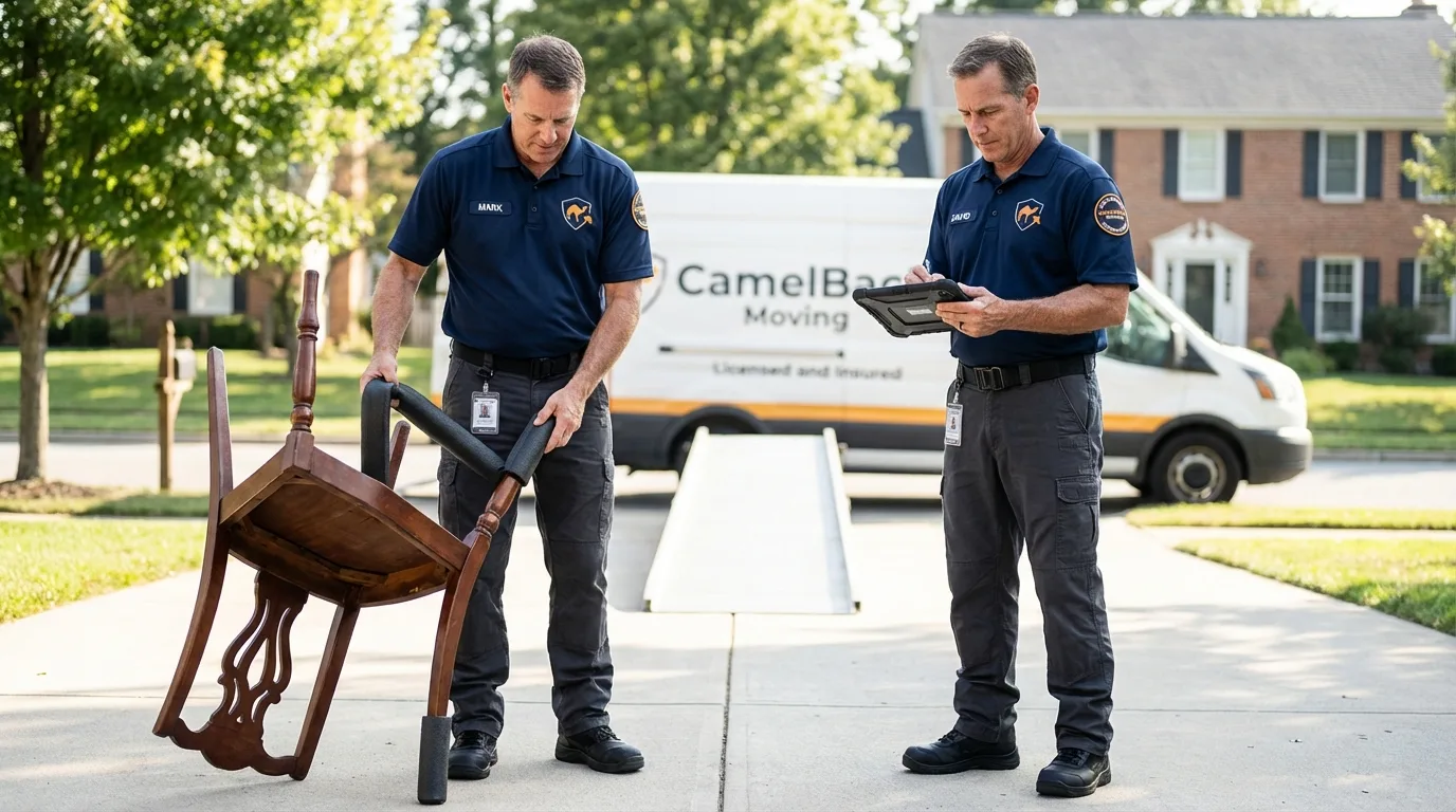 Movers inspecting furniture for damage prevention before loading in Shamokin Dam, PA