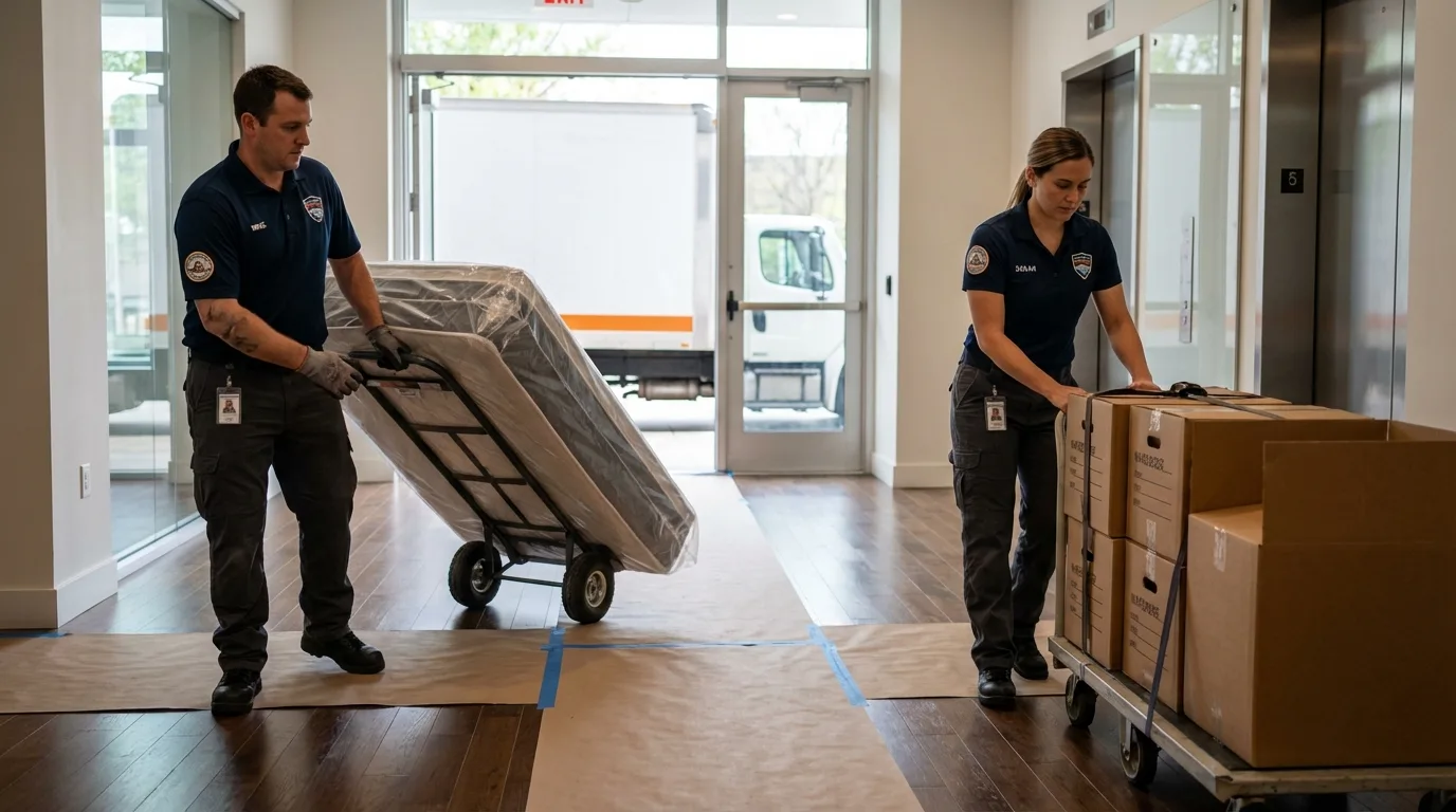 Professional apartment movers loading elevator in Shamokin Dam, PA